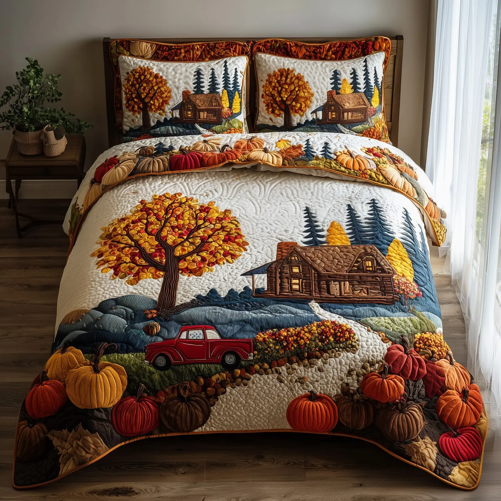 Rustic Cabin Quilted Bedding Set Bedspread Log Cabin Autumn Forest Gifts For Farmer Dad
