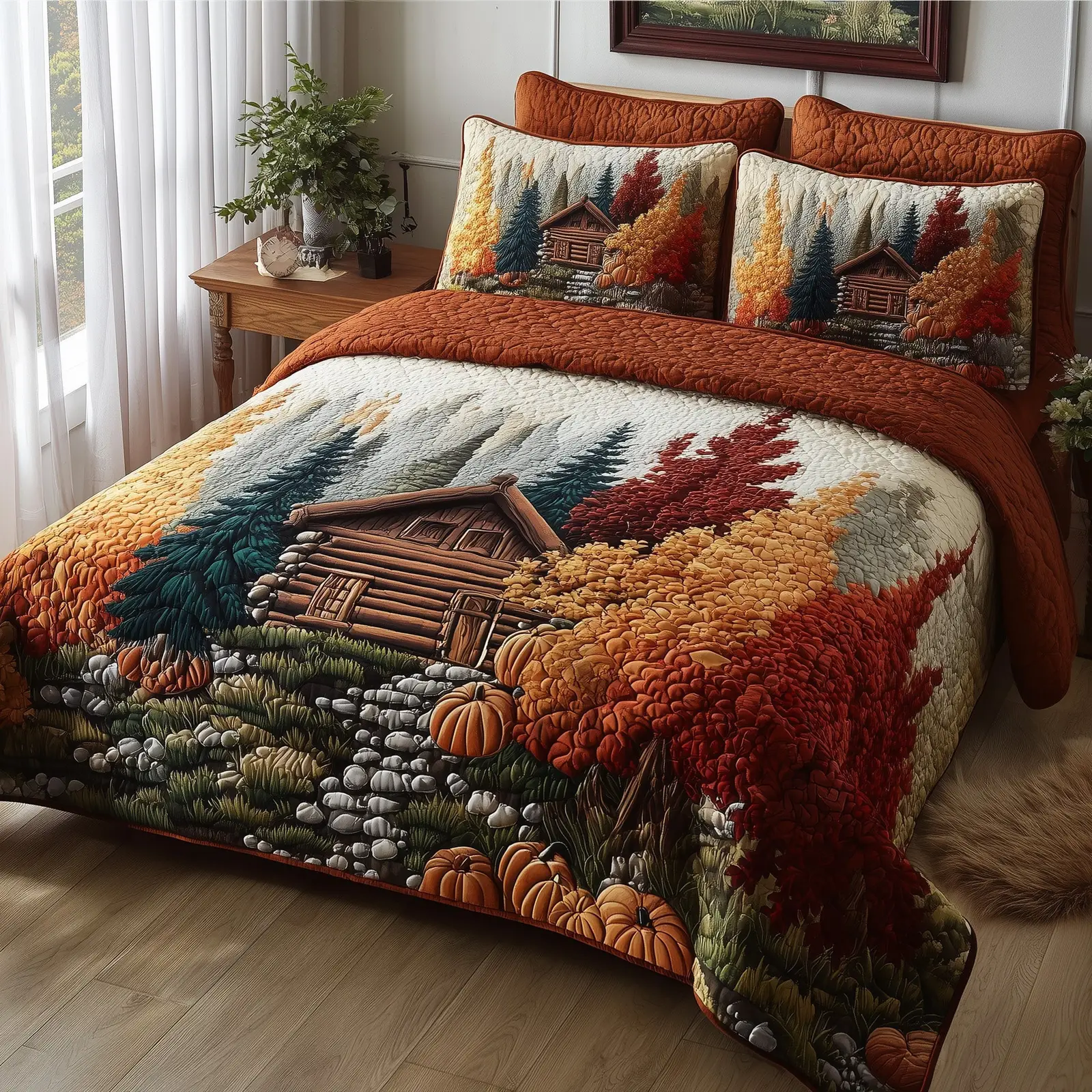 Rustic Cabin Quilted Bedding Set Decoration Autumn Forest Gifts For Nature Lovers