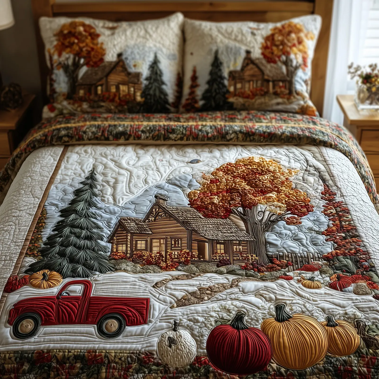 Rustic Cabin Quilted Bedding Set Decoration Log Cabin Autumn Forest Farmer Present Ideas
