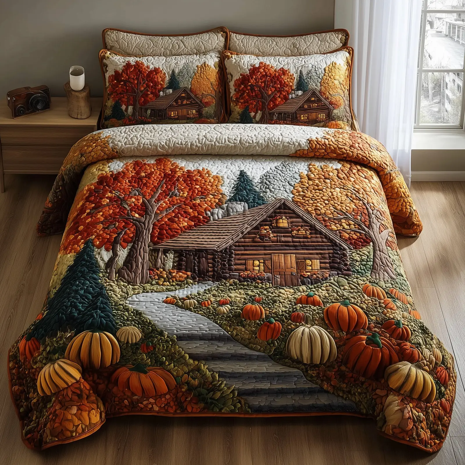 Rustic Cabin Quilted Bedding Set Decoration Pumpkin Autumn Forest Gifts For Farmer