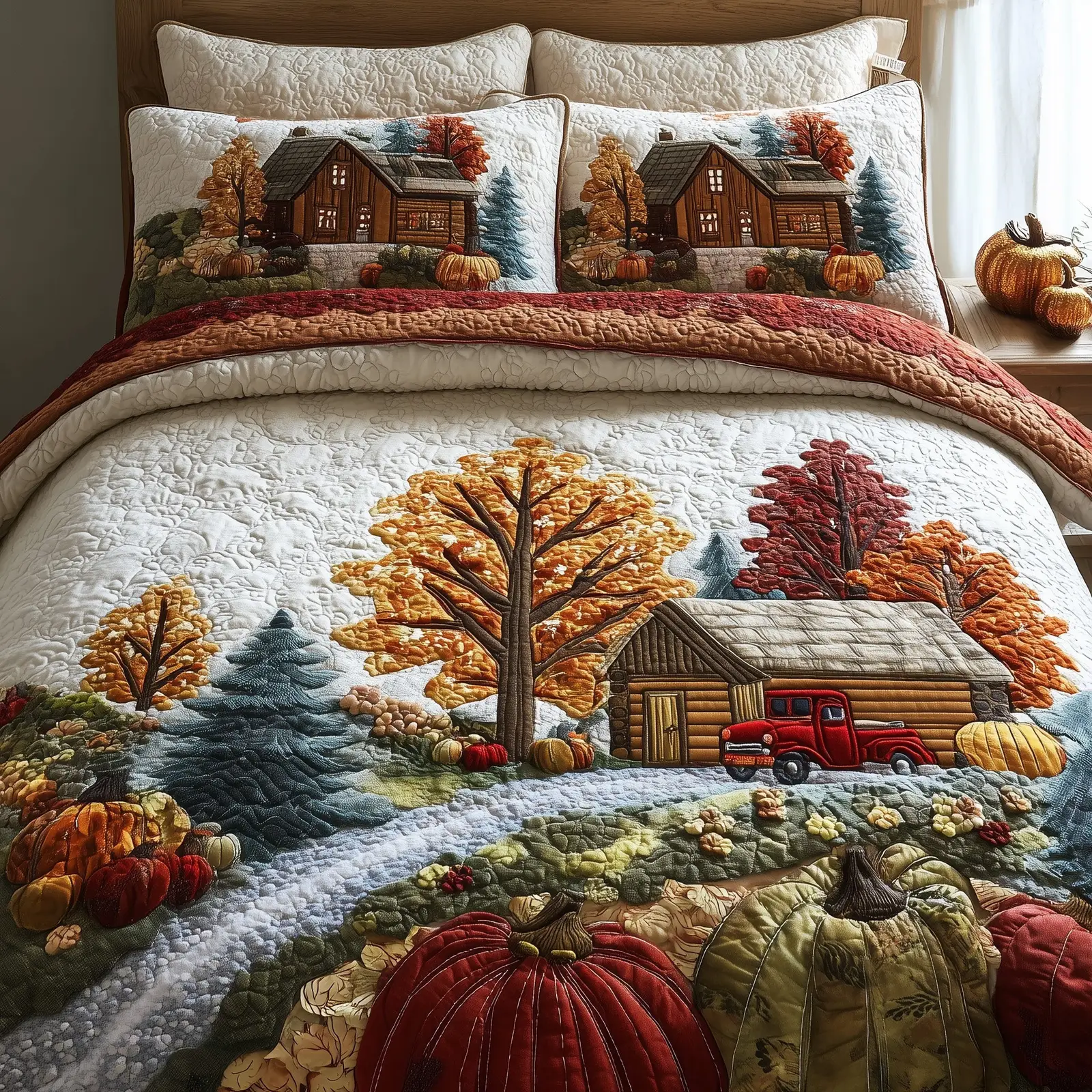 Rustic Cabin Quilted Bedding Set Duvet Cover Log Cabin Autumn Forest Gifts For Nature Lovers