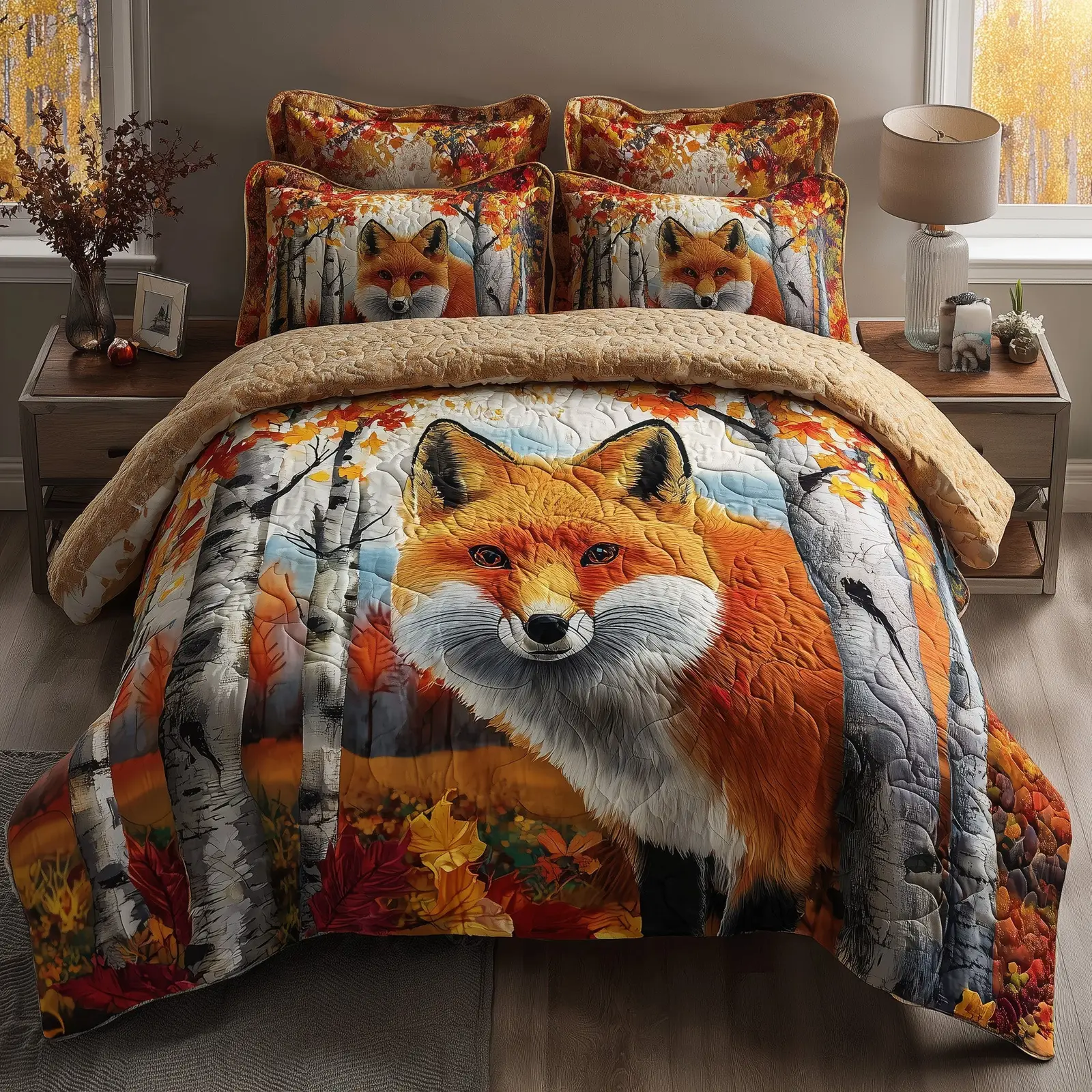 Rustic Fall Fox Quilted Bedding Set New Home Gift