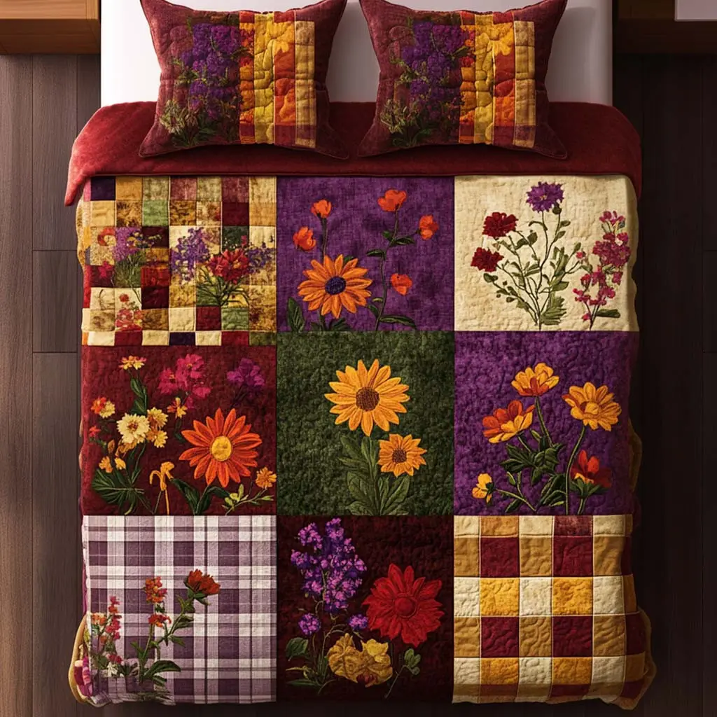 Rustic Flower Days Quilted Bedding Set Perfect Housewarming Gift for a Cozy Bedroom