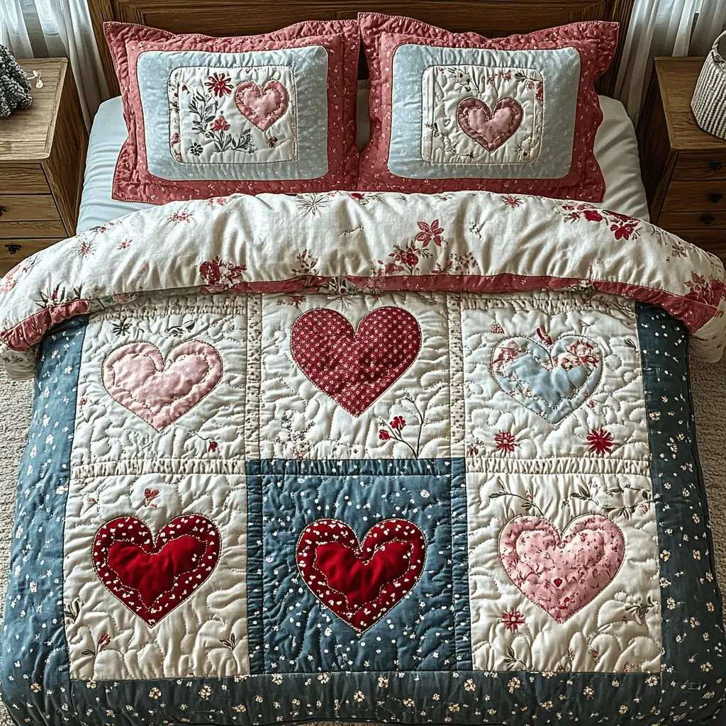 Rustic Love Heart Quilted Bedding Set Vintage Home Decor First Valentine Gift For Boyfriend
