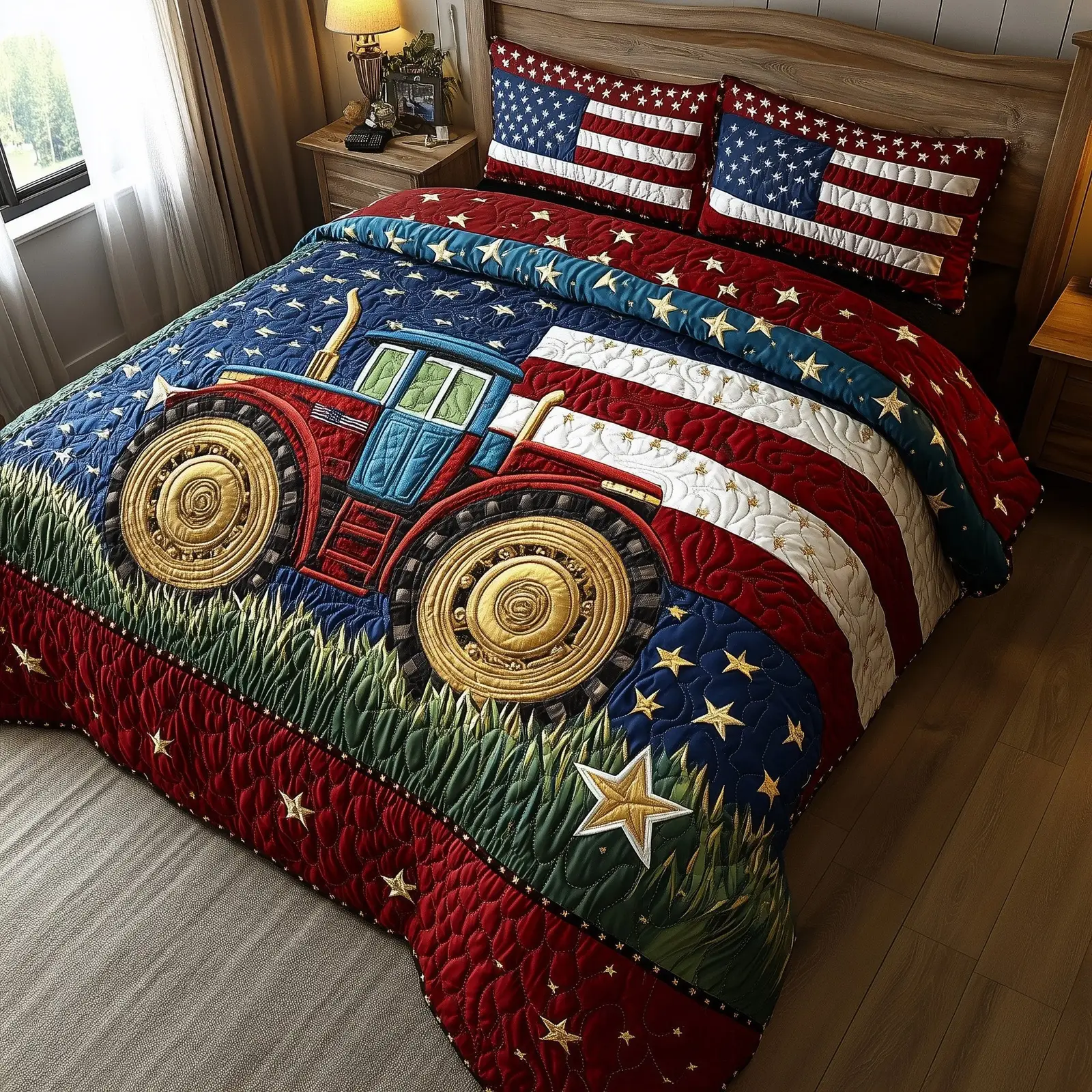 Rustic Patriot Farm  Quilted Bedding Set 4Th Of July Gifts For Coworkers