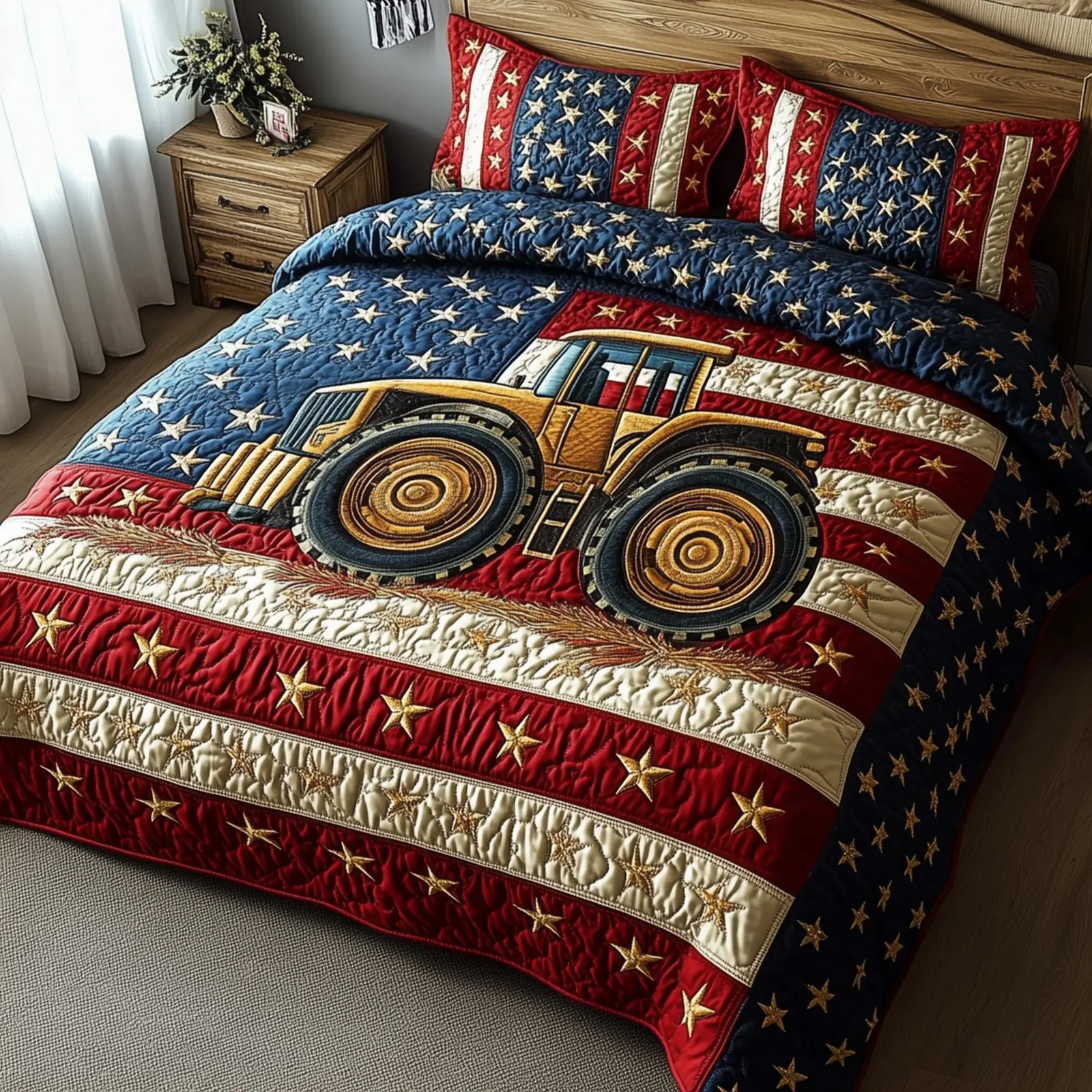 Rustic Patriot Farm  Quilted Bedding Set  King Size Bed Set 4Th Of July Neighbor Gifts