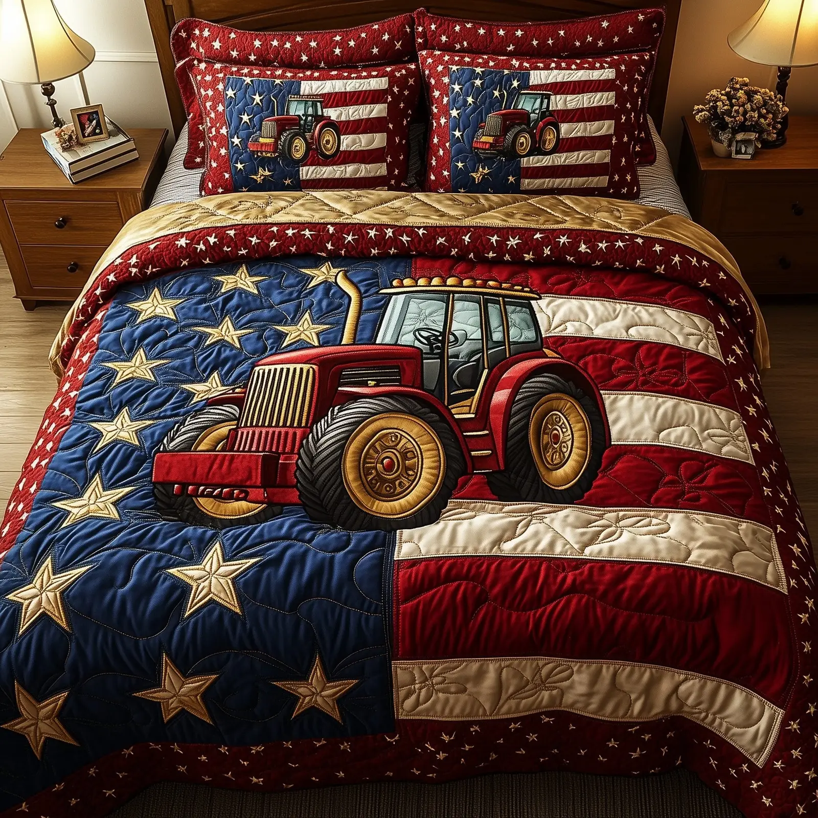 Rustic Patriot Farm  Quilted Bedding Set  King Size Duvet Cover Best 4Th Of July Gifts