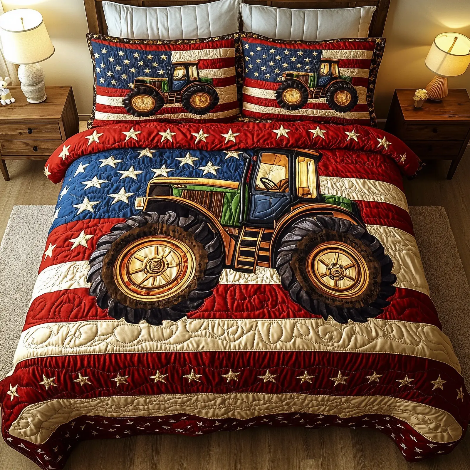 Rustic Patriot Farm  Quilted Bedding Set  King Size Duvet Cover Fourth Of July Birthday Gifts For Farmers