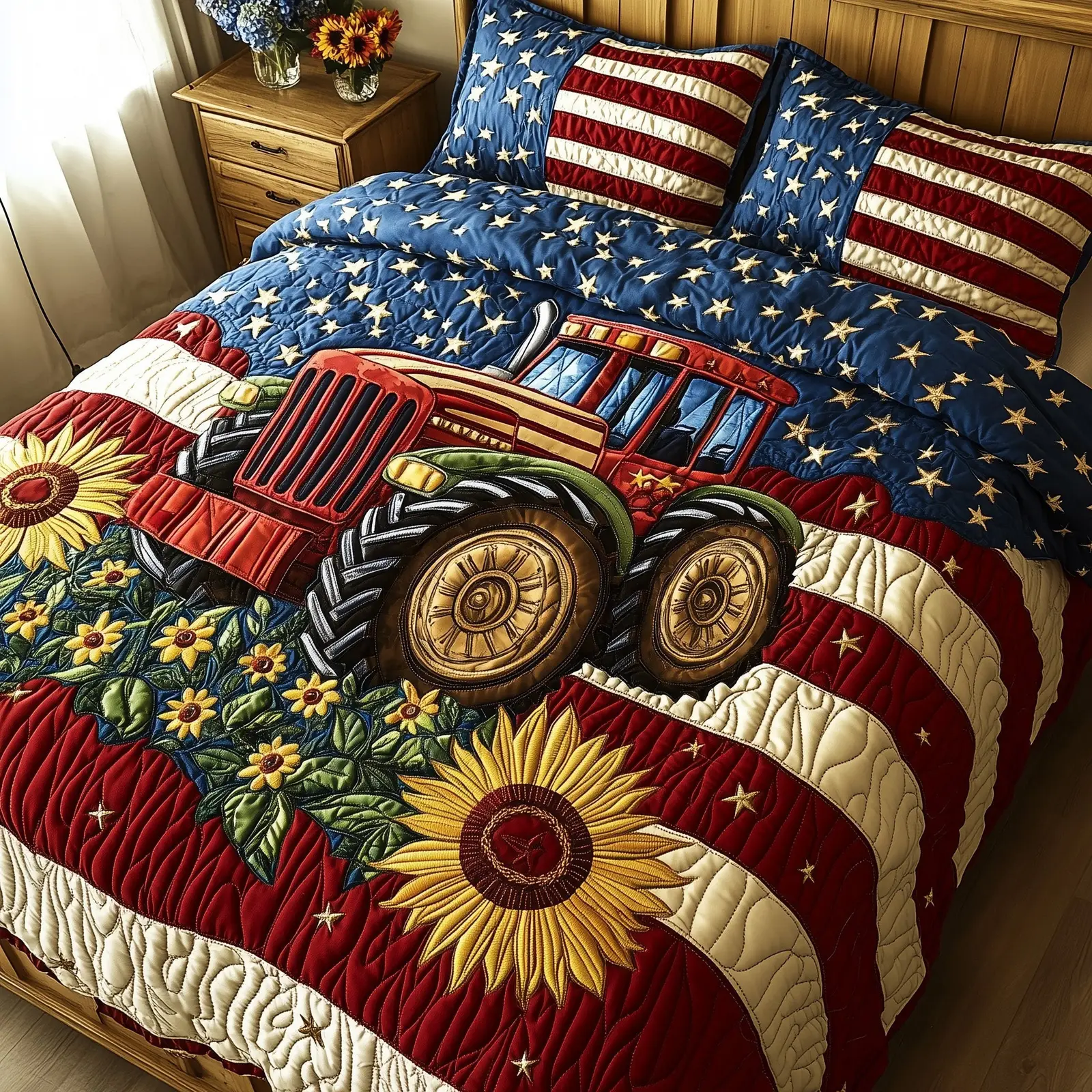 Rustic Patriot Farm  Quilted Bedding Set  King Size Quilt 4Th Of July Client Gifts