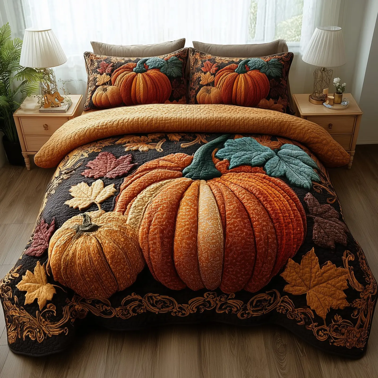 Rustic Pumpkin Charm Quilted Bedding Set All-Season