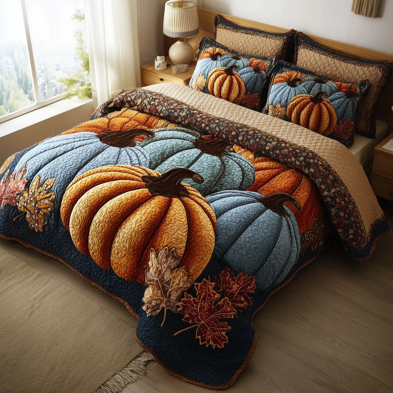 Rustic Pumpkin Charm Quilted Bedding Set Bed Decoration Autumn Gifts For Farmers And Ranchers