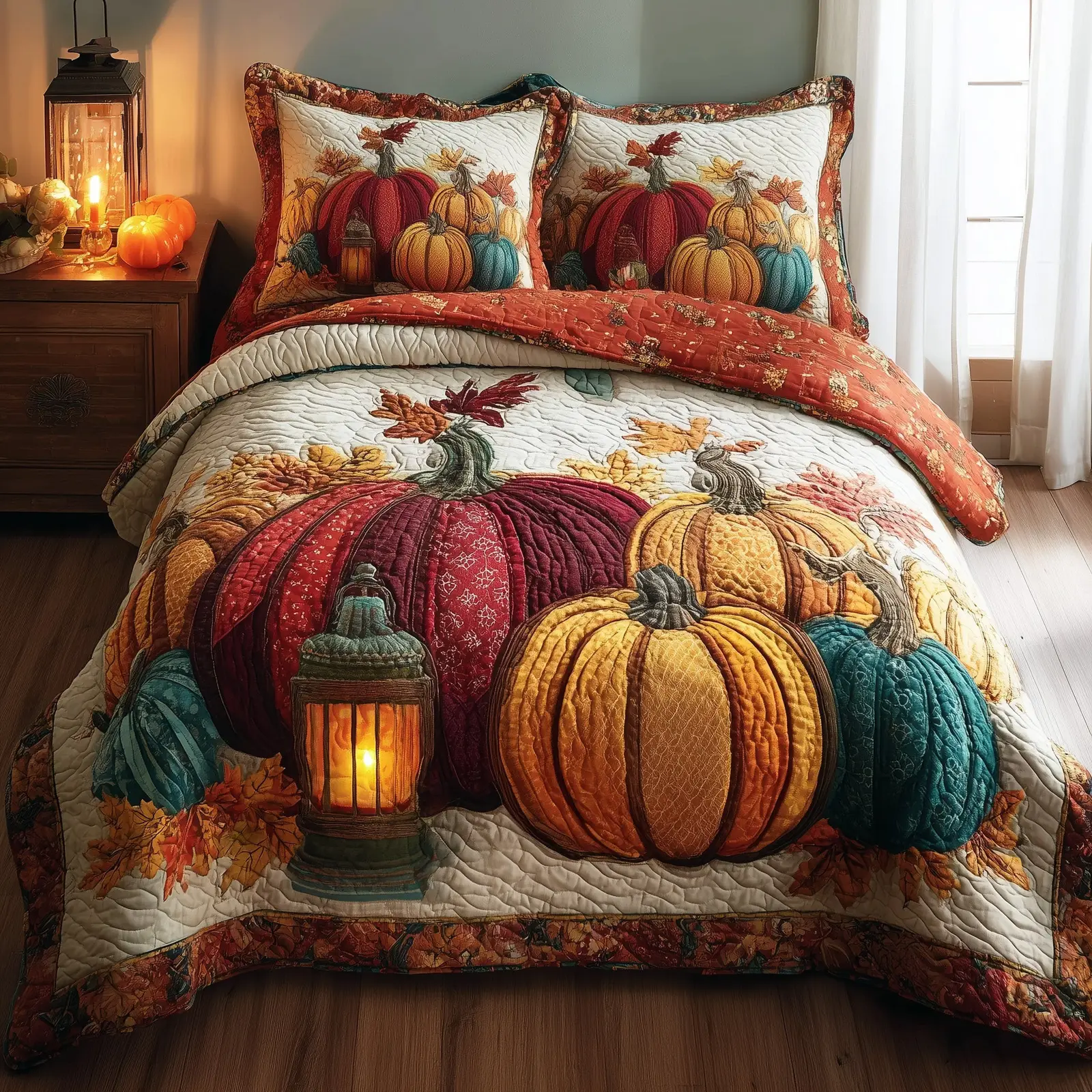 Rustic Pumpkin Charm Quilted Bedding Set Bedroom Decor Autumn Practical Gifts For Farmers
