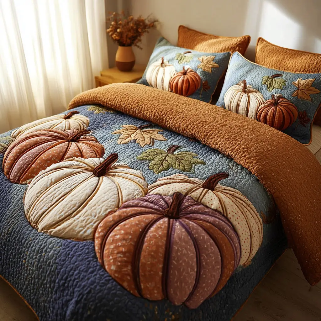 Rustic Pumpkin Charm Quilted Bedding Set Decoration Autumn Gifts For An Old Farmer