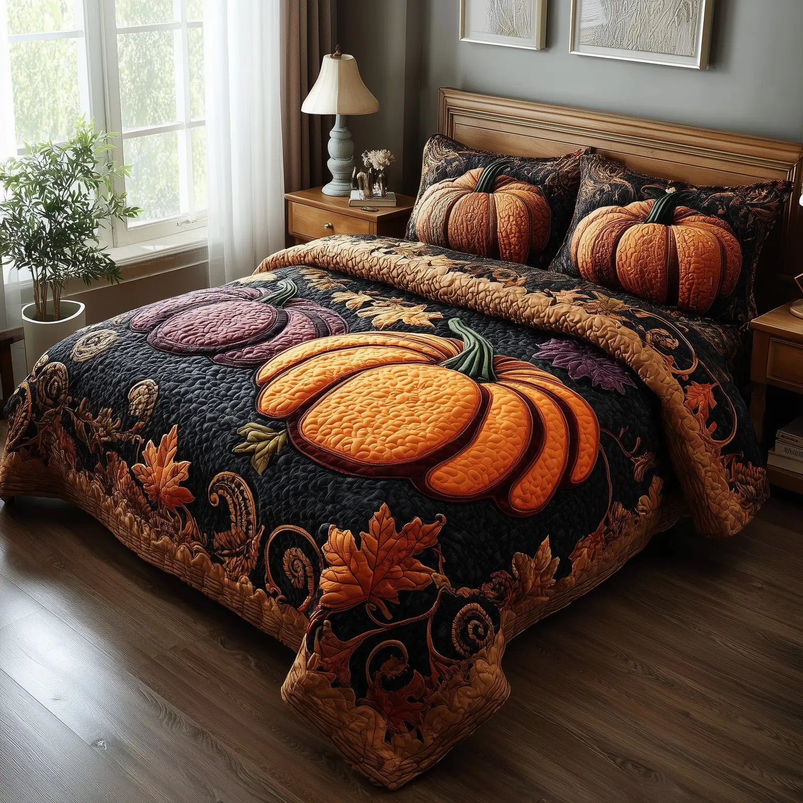 Rustic Pumpkin Charm Quilted Bedding Set Room Decoration Autumn Cool Farmer Gifts
