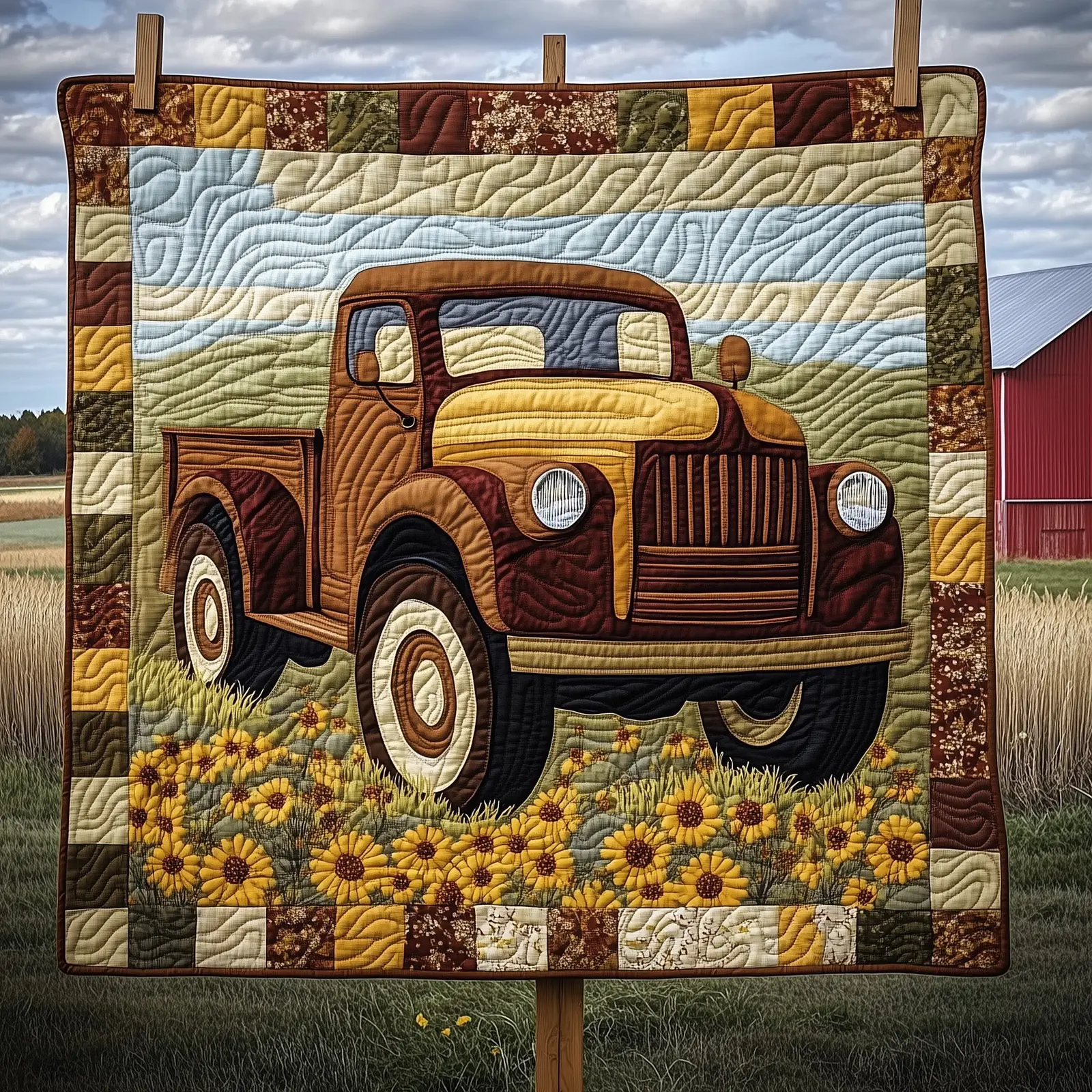Rustic Roads Truck Quilted Blanket Farmhouse Vehicle Art Quilt Gift For Truck Enthusiast
