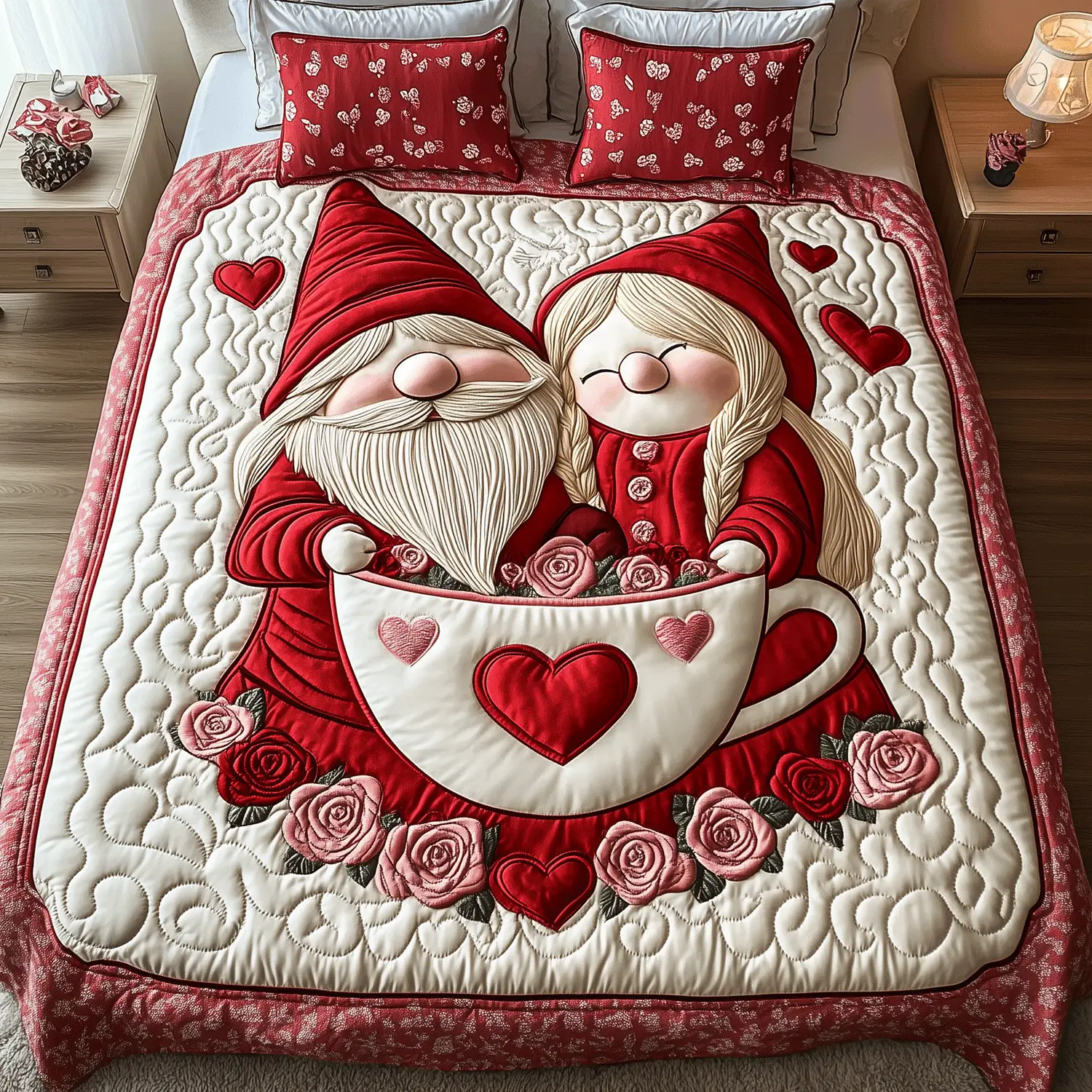 Rustic Romance Gnome Quilted Bedding Set Couple Valentine Room Decor Ideas Gift For Her