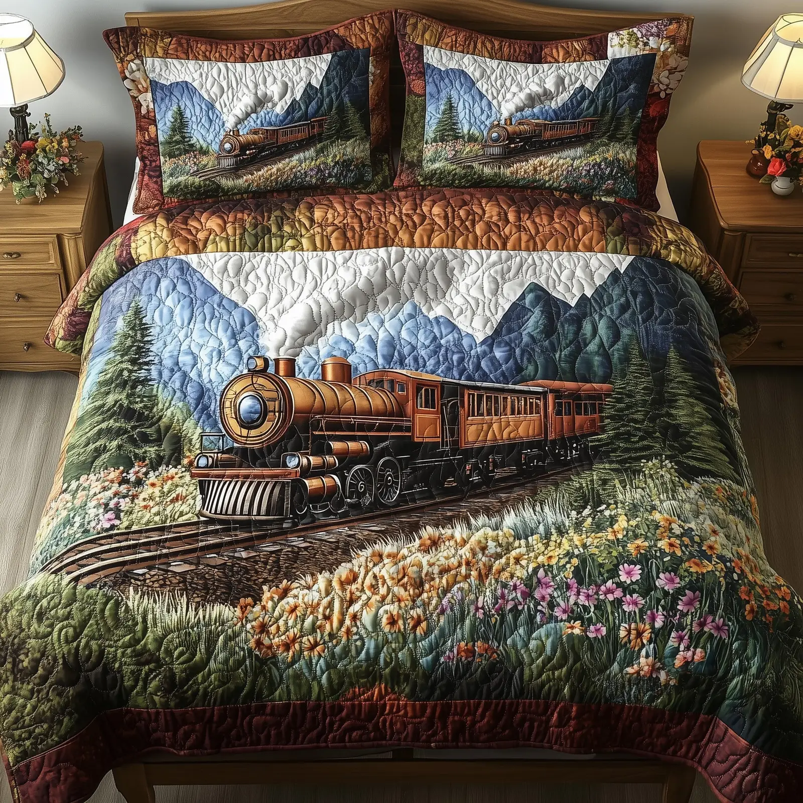 Rustic Train Quilted Bedding Set Duvet Cover Bedspread Railways Adventure Presents For Son