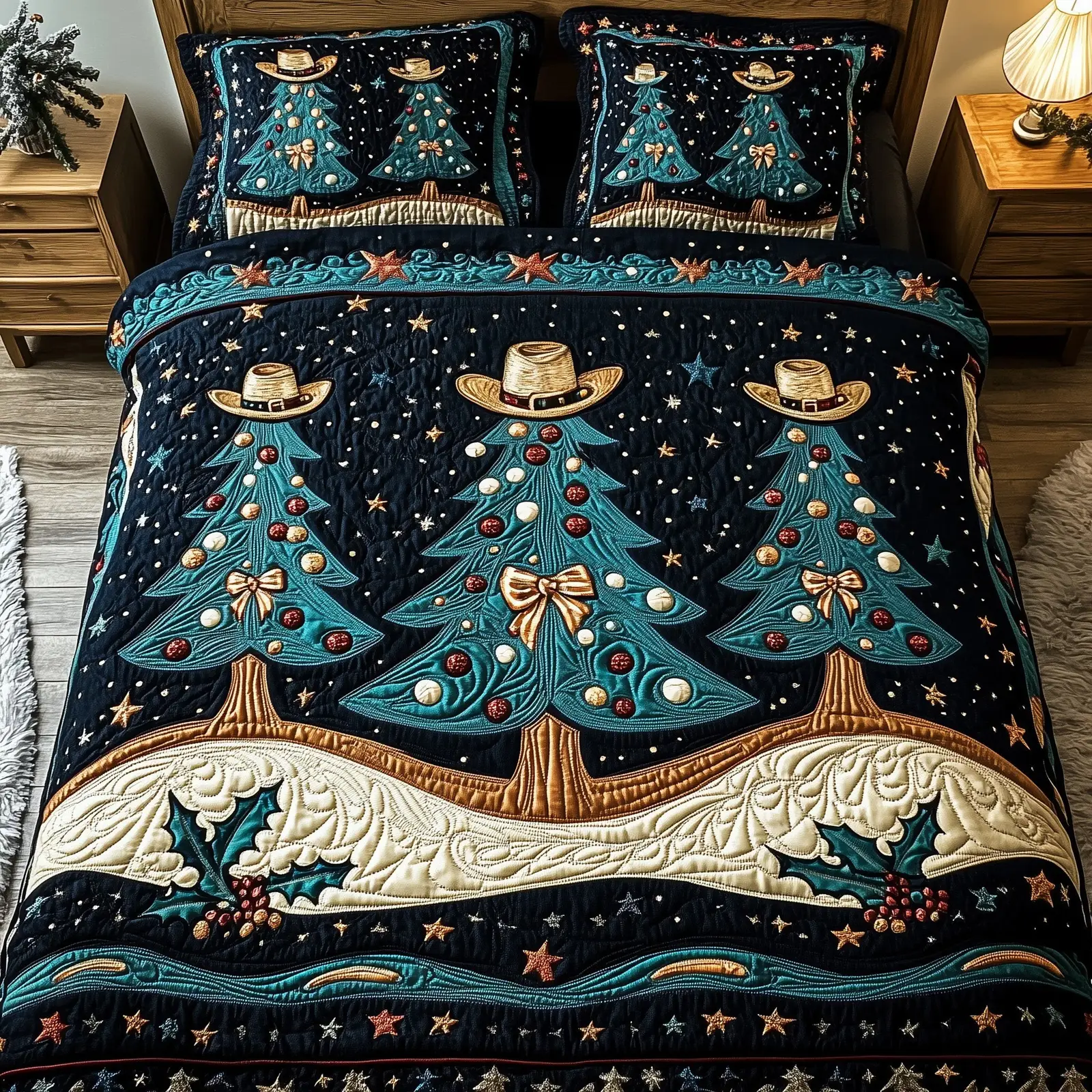 Rustic Yuletide Glow Christmas Quilted Bedding Set Duvet Cover Bedspread Cute Xmas Gifts For Friends