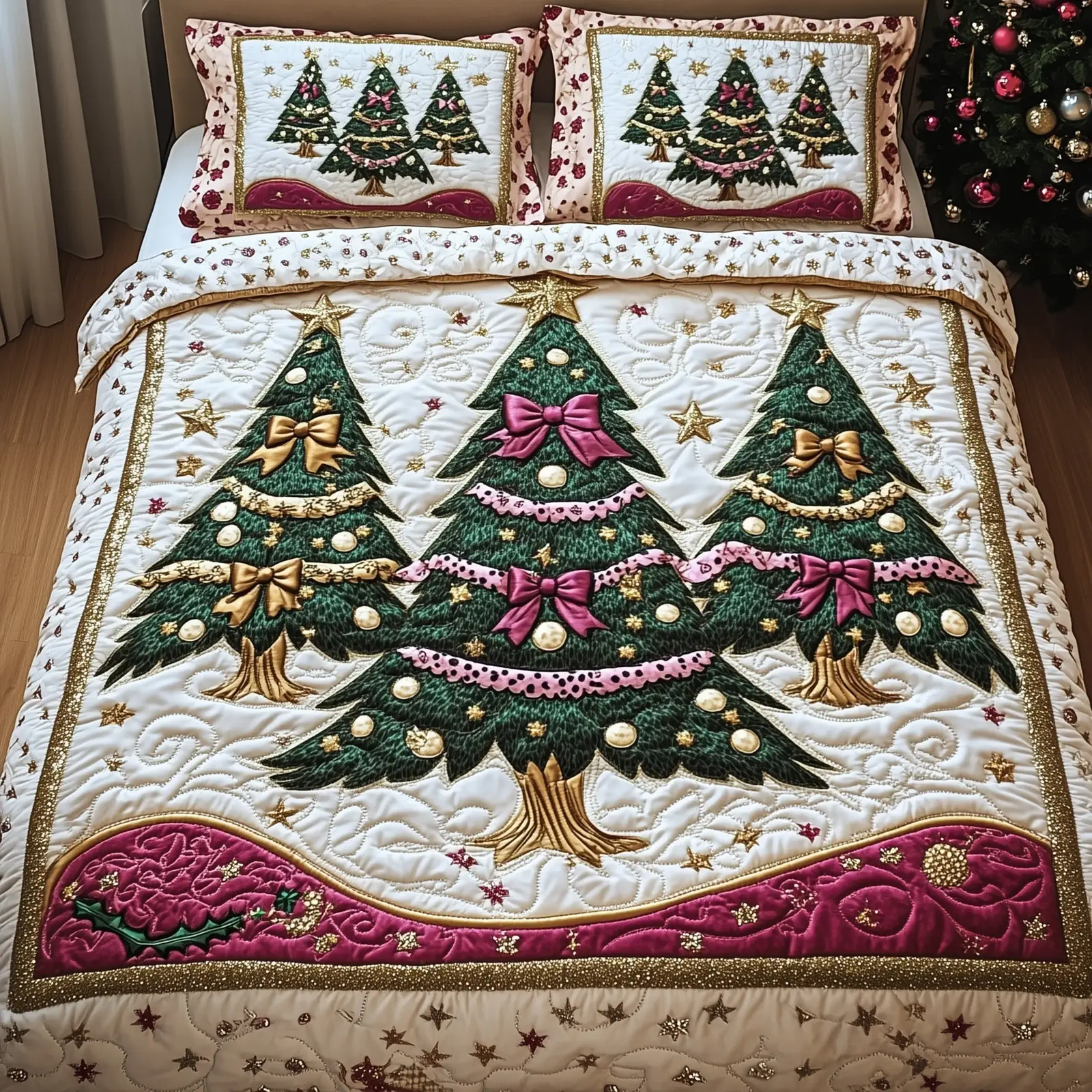 Rustic Yuletide Glow Christmas Quilted Bedding Set Duvet Cover Bedspread Cute Xmas Gifts For Her