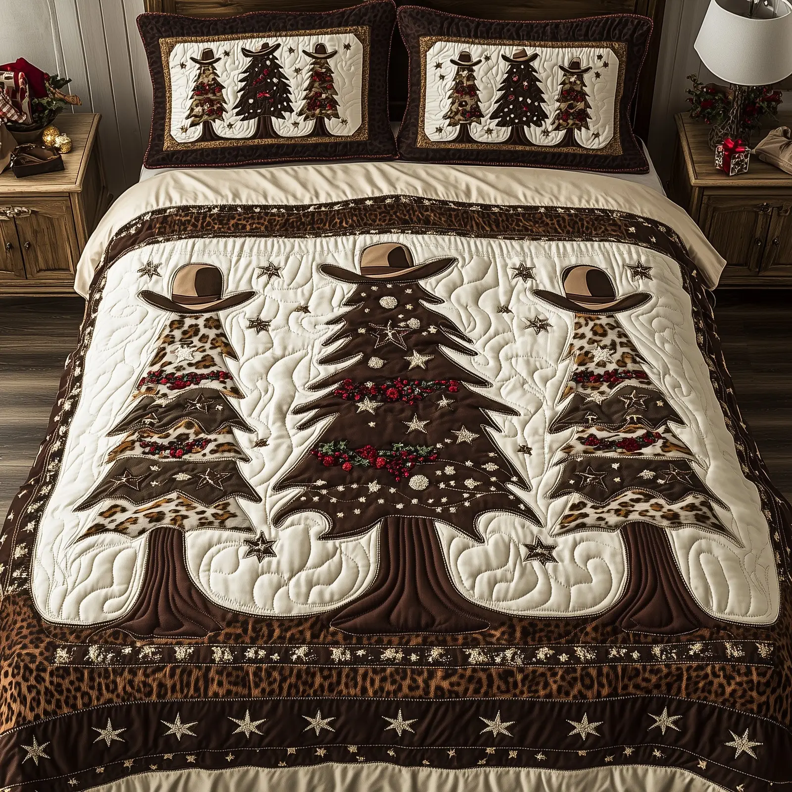 Rustic Yuletide Glow Christmas Quilted Bedding Set Duvet Cover Bedspread Cute Xmas Pine Tree Gifts