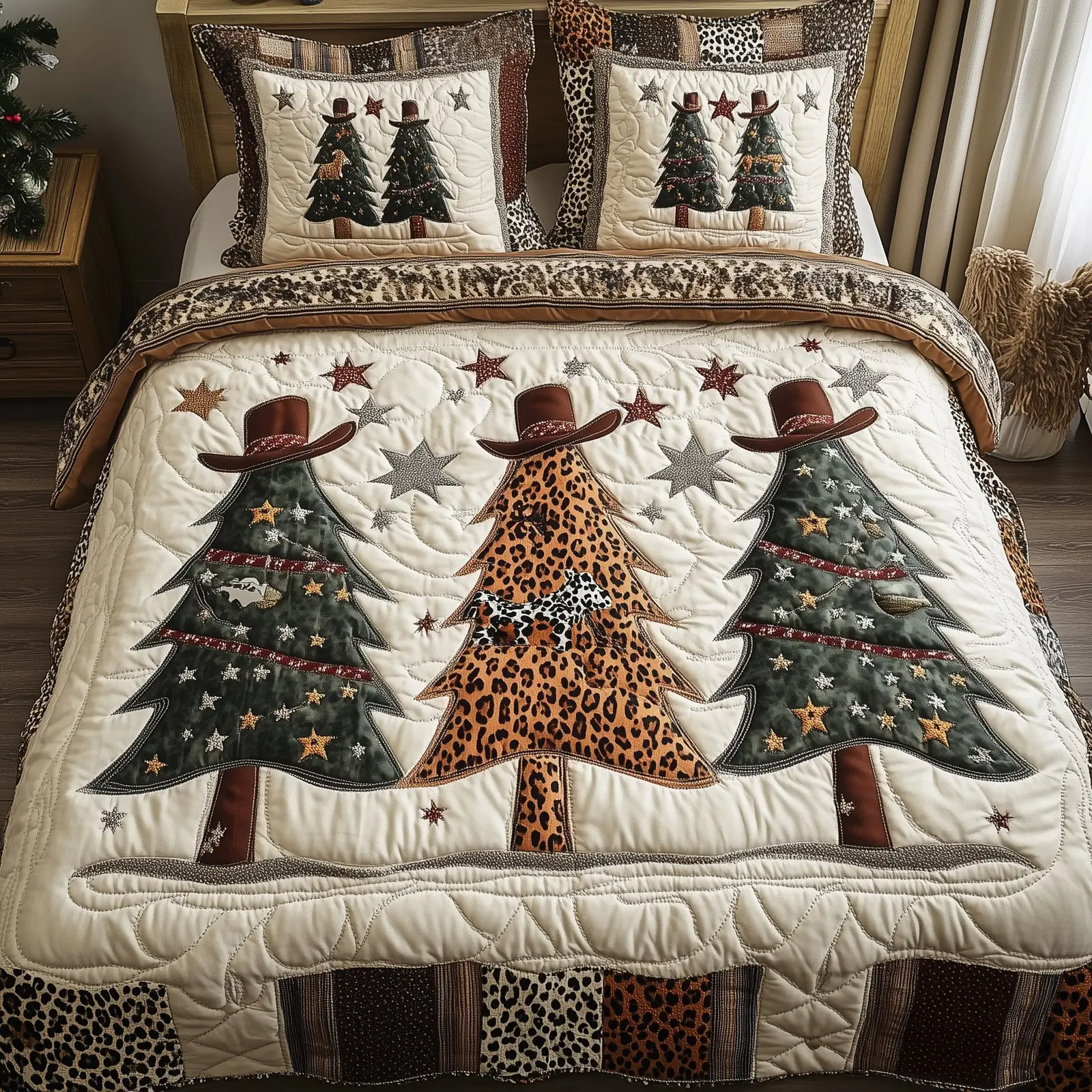 Rustic Yuletide Glow Christmas Quilted Bedding Set Duvet Cover Bedspread Cute Xmas Presents For Pine Tree Lover