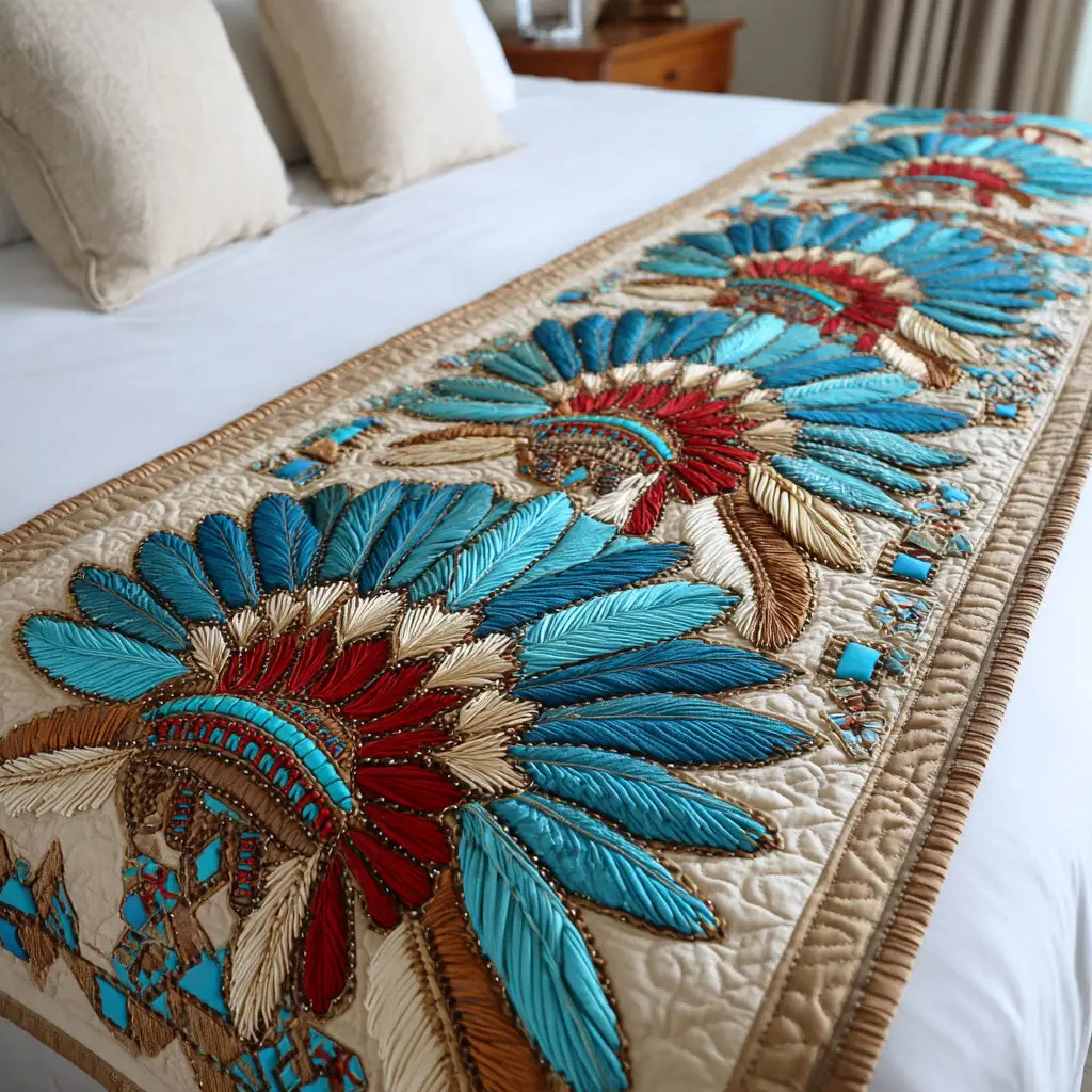 Sacred Headdress Quilted Bed Runner Artistic Tribal Style Gift for Friends