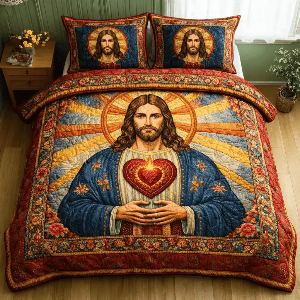 Sacred Heart Quilt Bedding Set Christian Comforter Sets Queen Christian Themed