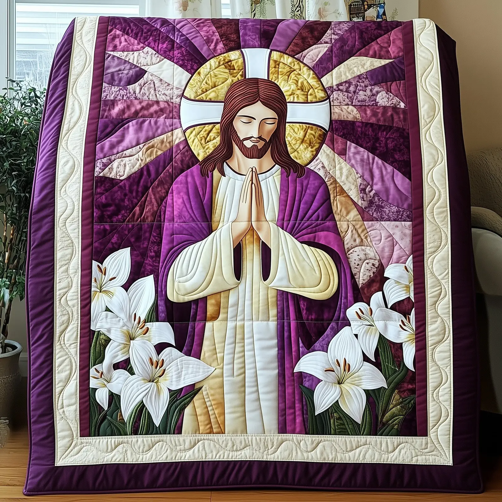 Sacred Serenity Quilted Blanket Purple Religious Quilt Of Jesus Praying With Lilies Xmas Gifts