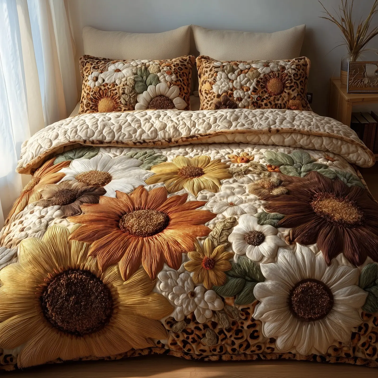 Safari Sunflower Quilted Bedding Set Machine Washable