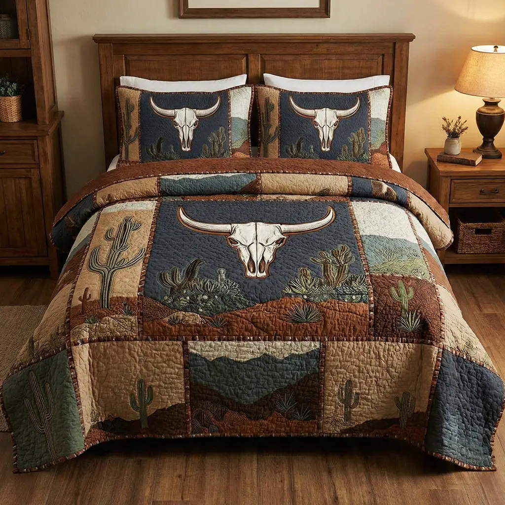 Sagebrush Longhorn Desert Quilted Bedding Set Western Bedroom Decor Gift For Cowboy Lovers