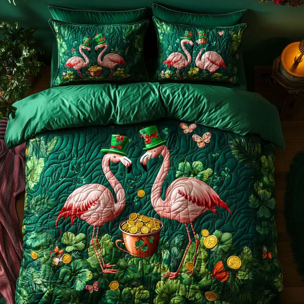 Saint Patrick Flamingo Quilted Bedding Set Rustic Home Decor St Patrick Gifts Idea Saint Patrick Flamingo Quilted Bedding Set Rustic Home Decor St Patrick Gifts Idea - Image 1