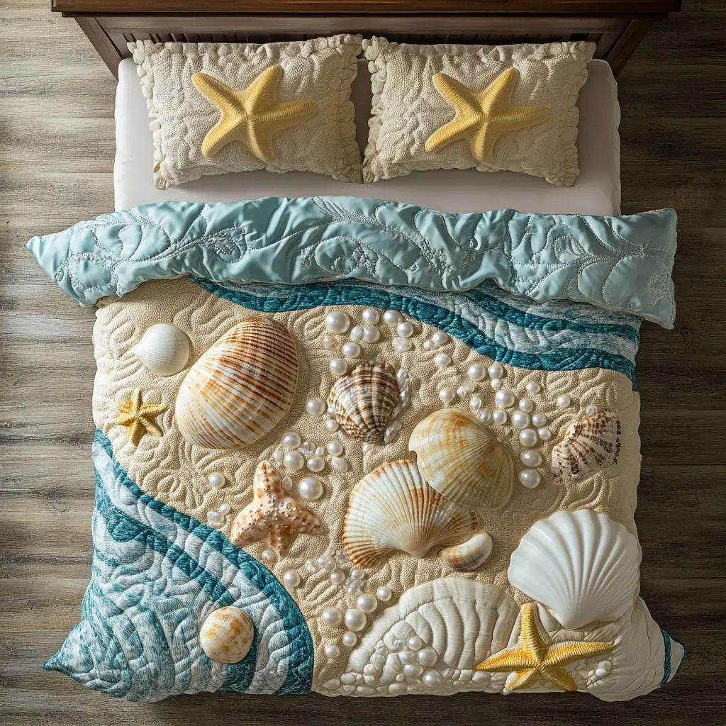 Sand And Sea Dreams Quilted Bedding Set Duvet Cover Bedspread Xmas Gifts For Couples