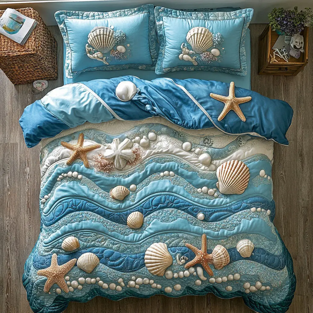 Sandy Shells Quilted Bedding Set Duvet Cover Bedspread Gifts Bedroom Decorative Sandy Shells Quilted Bedding Set Duvet Cover Bedspread Gifts Bedroom Decorative - Image 1