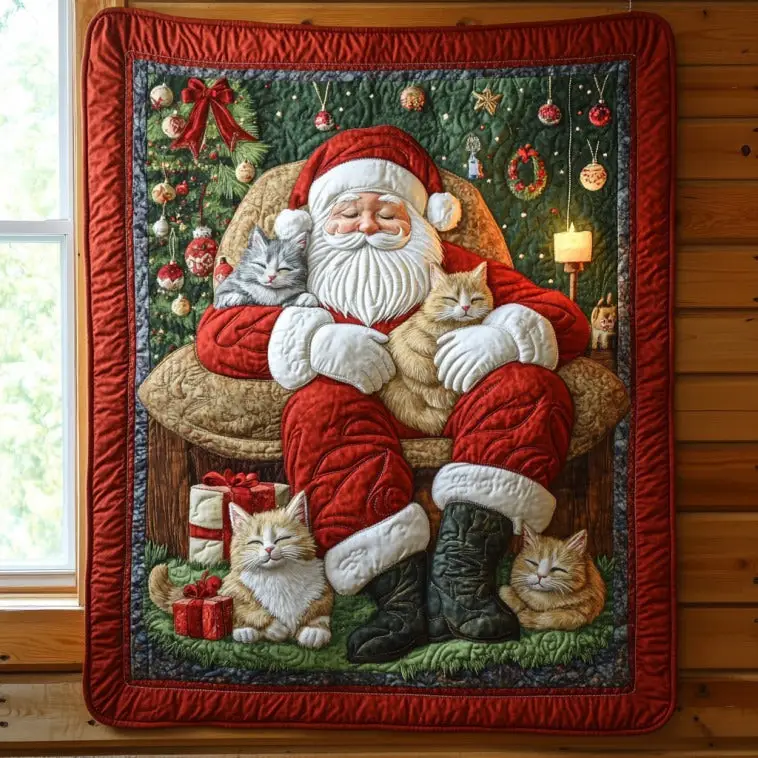 Santa And Cats Quilt Trendy Quilt Blanket Gift for Modern Home