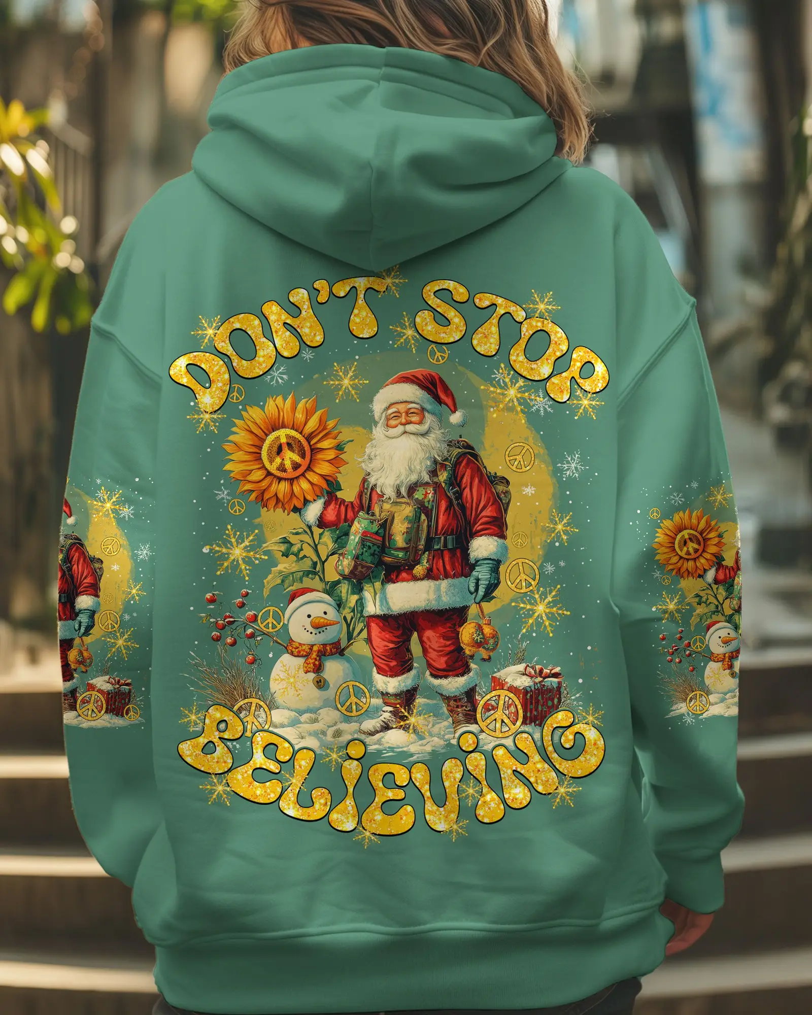 Santa And Snowman Hoodie Don't Stop Believing Suower Cute Merchandise Gifts For Winter