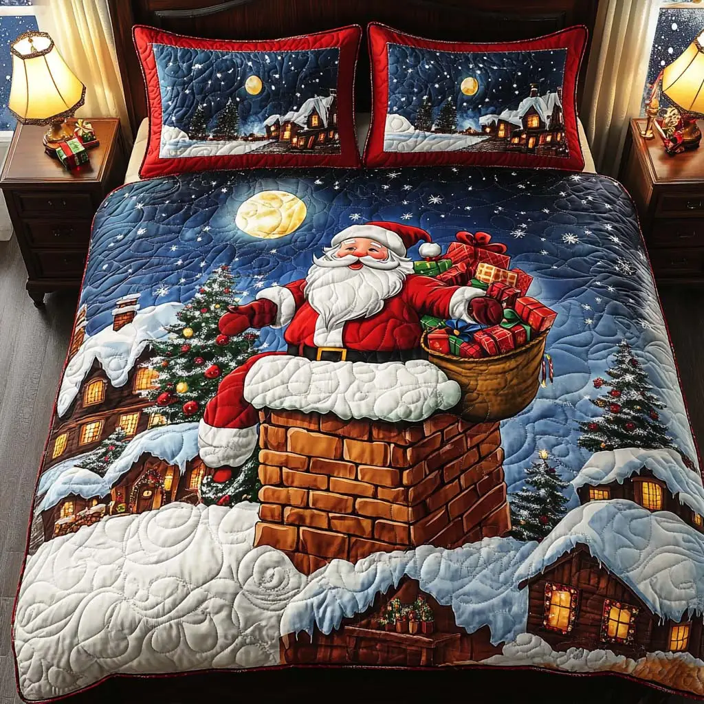 Santa Chimney Quilted Bedding Set Personalized Bedding Set Gift for Couples Santa Chimney Quilted Bedding Set Personalized Bedding Set Gift for Couples - Image 1