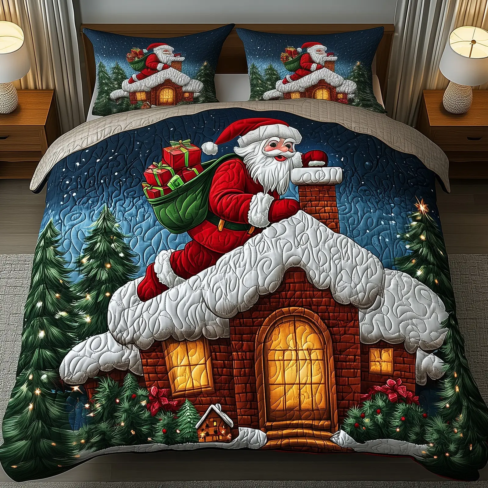 Santa Clau Quilted Christmas Bedding Set Duvet Cover Bedspread Cute Xmas Gifts For Son