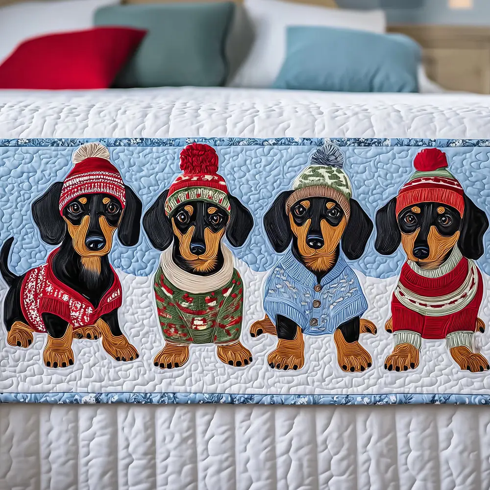 Santa Dachshund Quilted Bed Runner Dachshund Santa Scene Christmas Gift for Pet Lovers