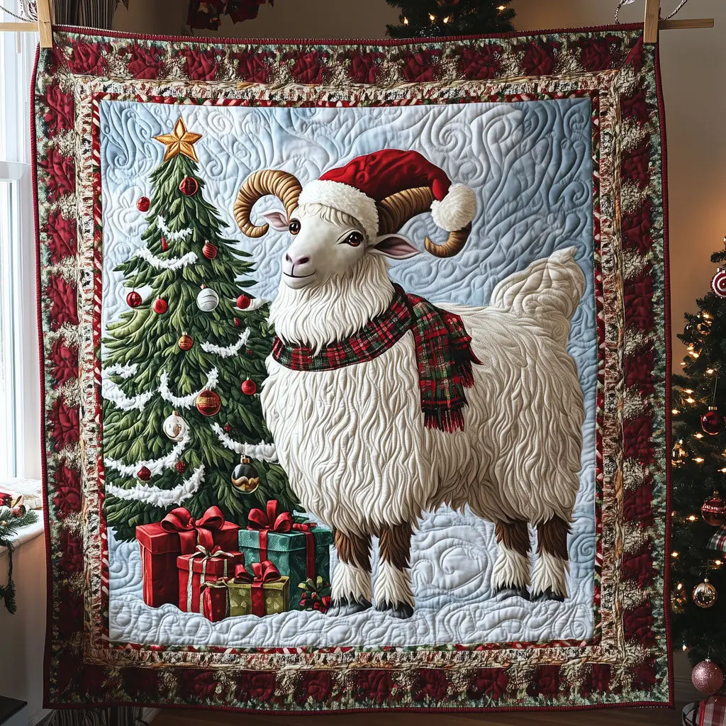 Santa Hat And Plaid Goat Quilt Lightweight Quilt Blanket for Year-Round Comfort