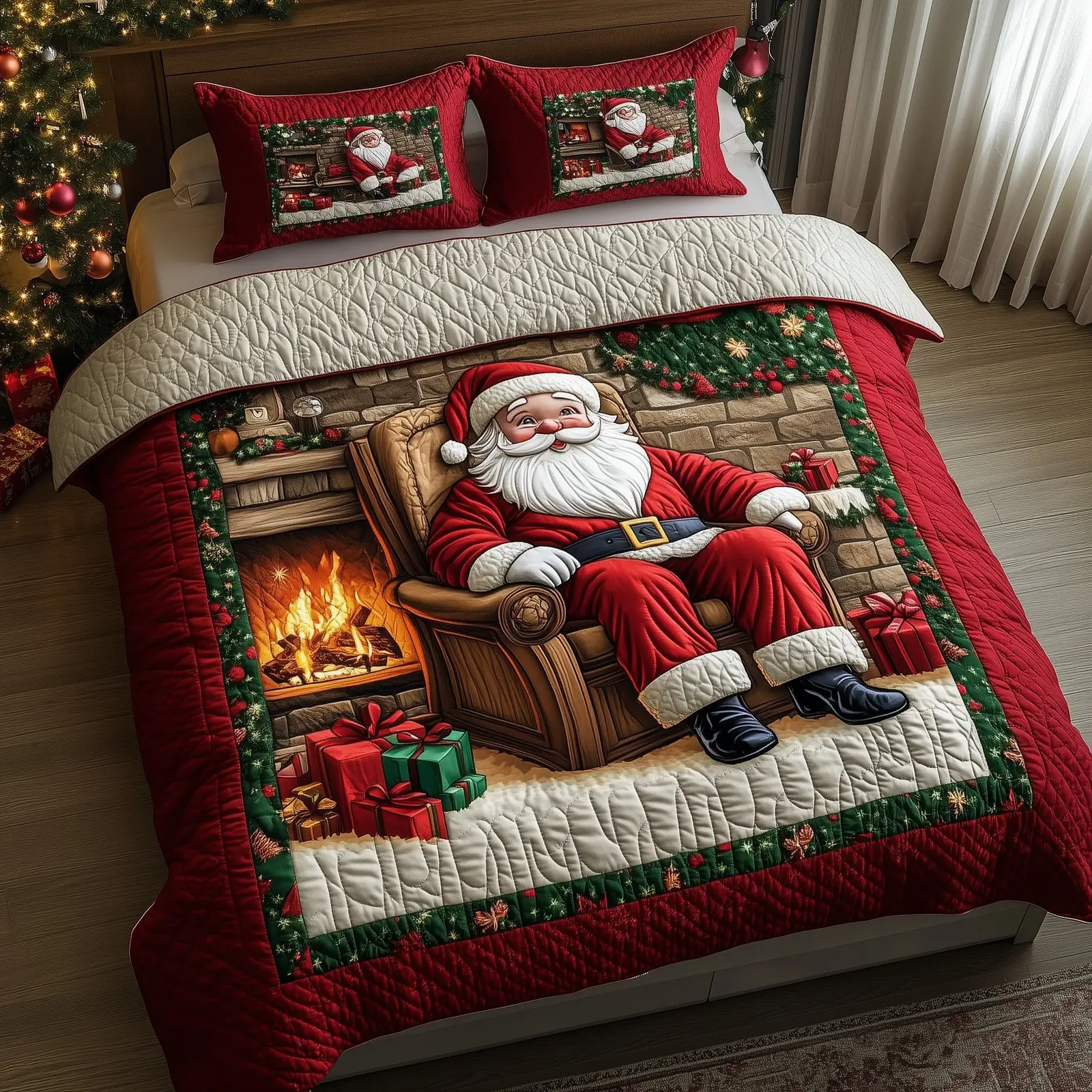Santa Home Christmas Quilted Bedding Set Duvet Cover Bedspread Santa Claus Theme Gifts For Xmas