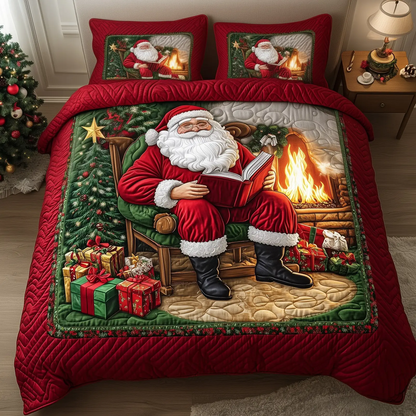 Santa Home Christmas Quilted Bedding Set Duvet Cover Bedspread Santa Claus Theme Presents For Xmas