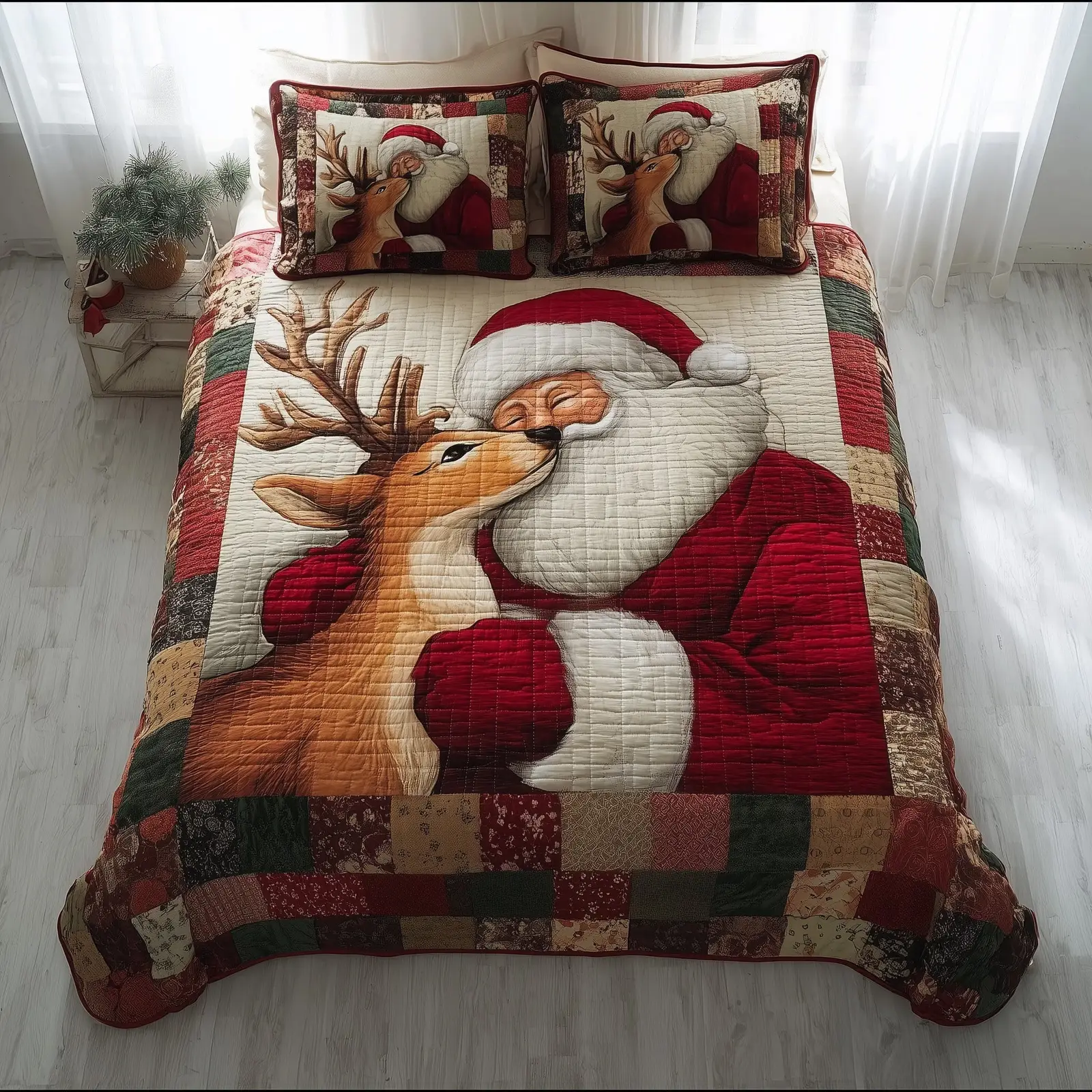 Santa Home Christmas Quilted Bedding Set Duvet Cover Bedspread Xmas Santa Claus Theme Gift Ideas