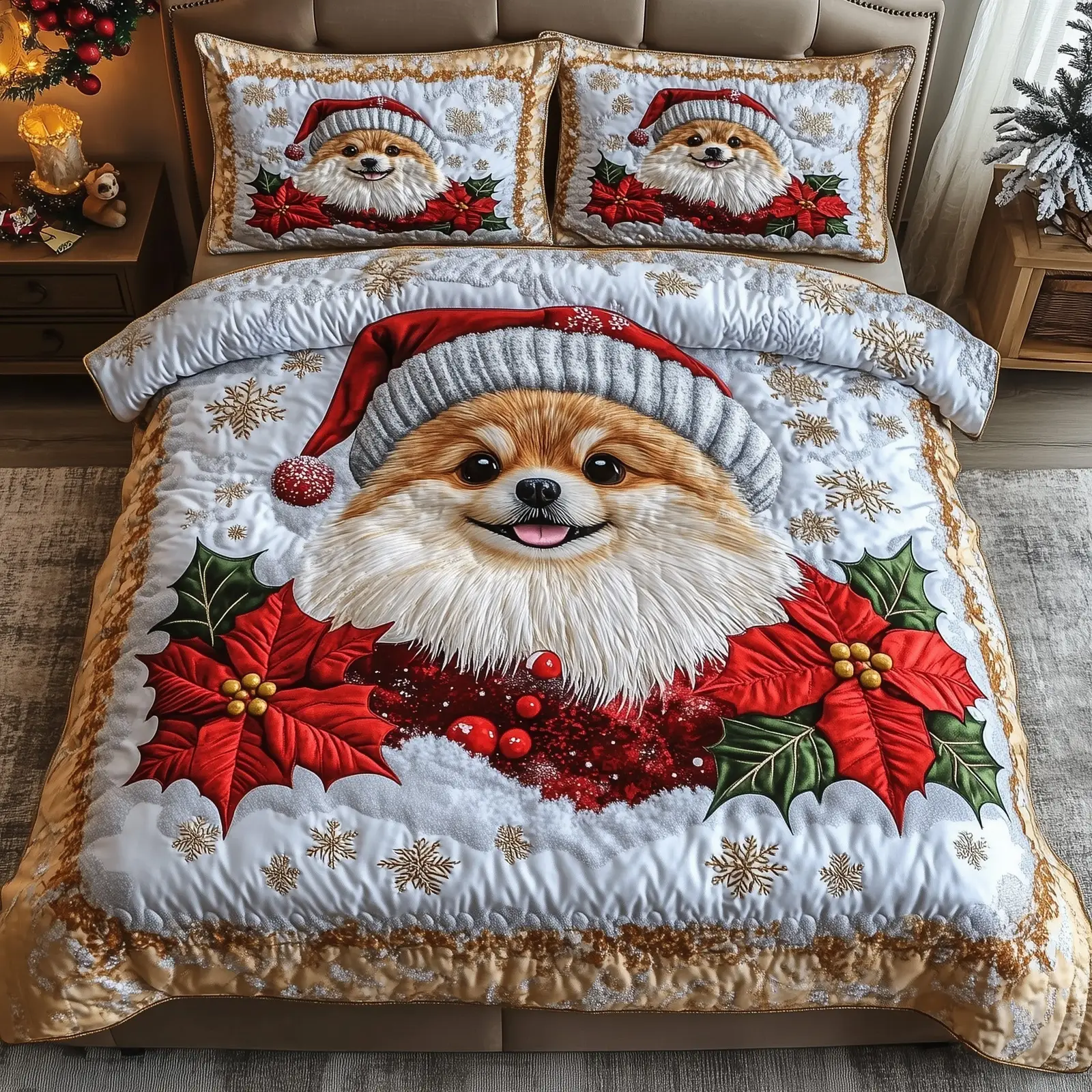 Santa Pomeranian Christmas Quilted Bedding Set Duvet Cover Bedspread Cute Xmas Gifts For Dog Lovers