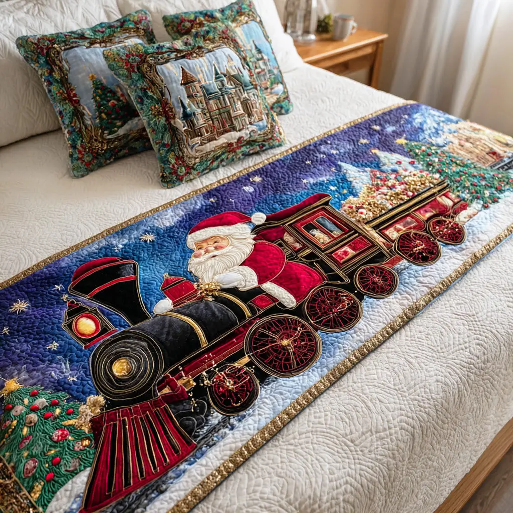 Santa Steamway Quilted Bed Runner Santa Steam Train Holiday Gift for Grandpa