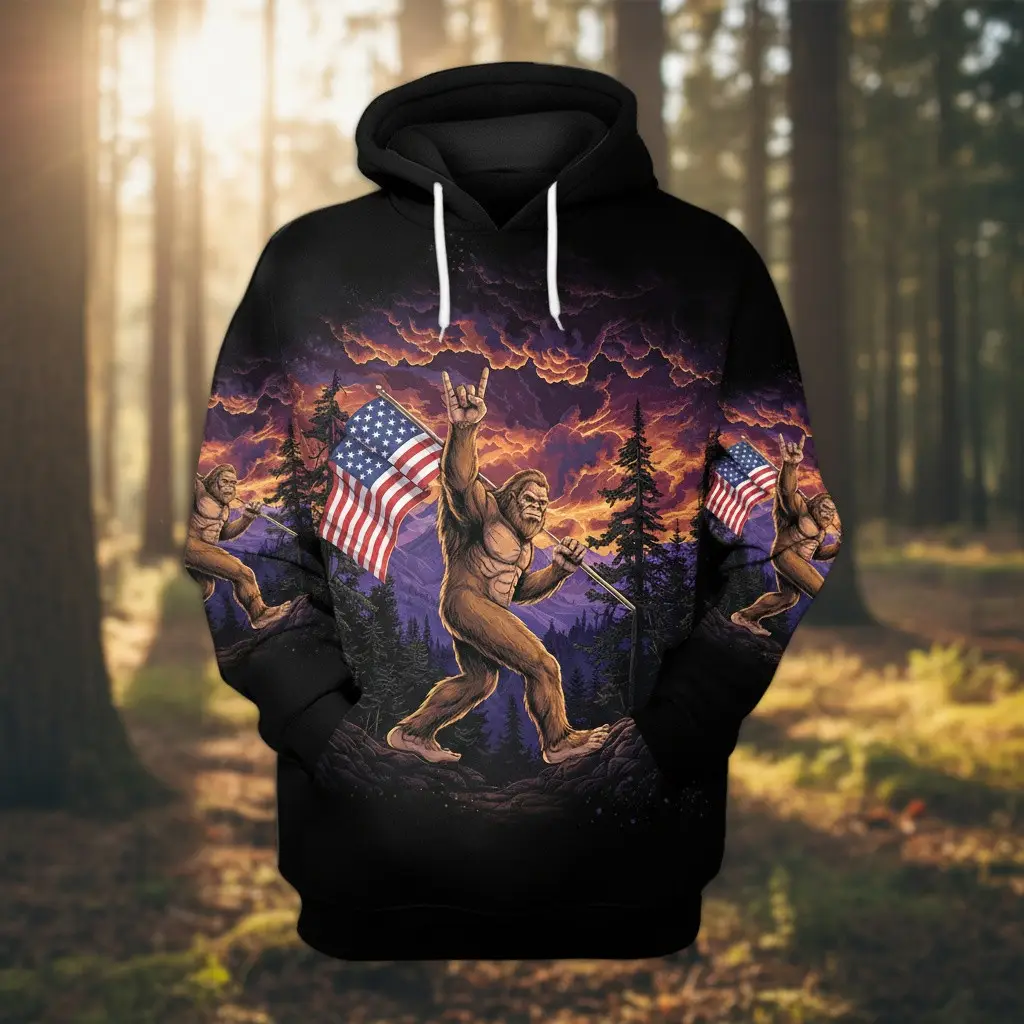 Sasquatch Freedom Walk Sunset Hoodie Bigfoot Rock On USA Patriotic Hoodie 4th Of July Gifts