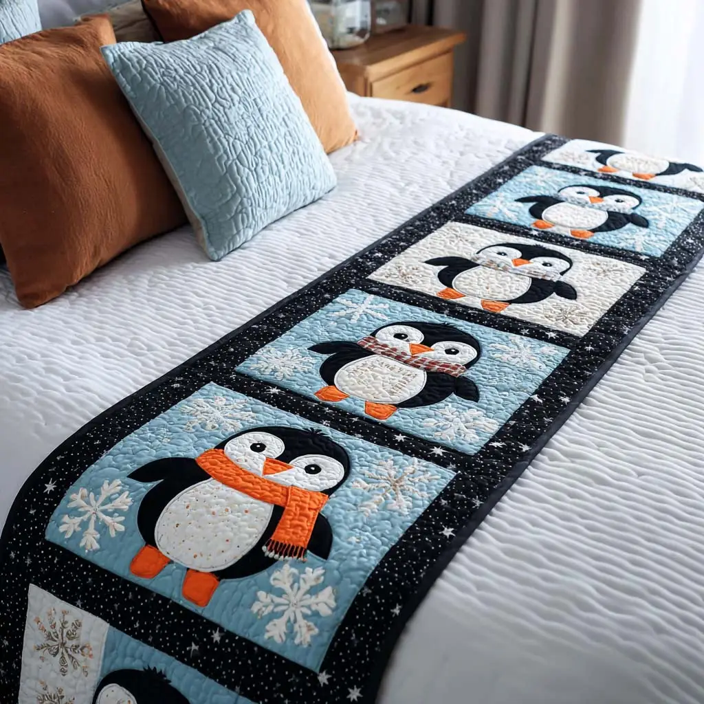 Scarfed Penguins Quilted Bed Runner Scarfed Penguins Holiday Gift