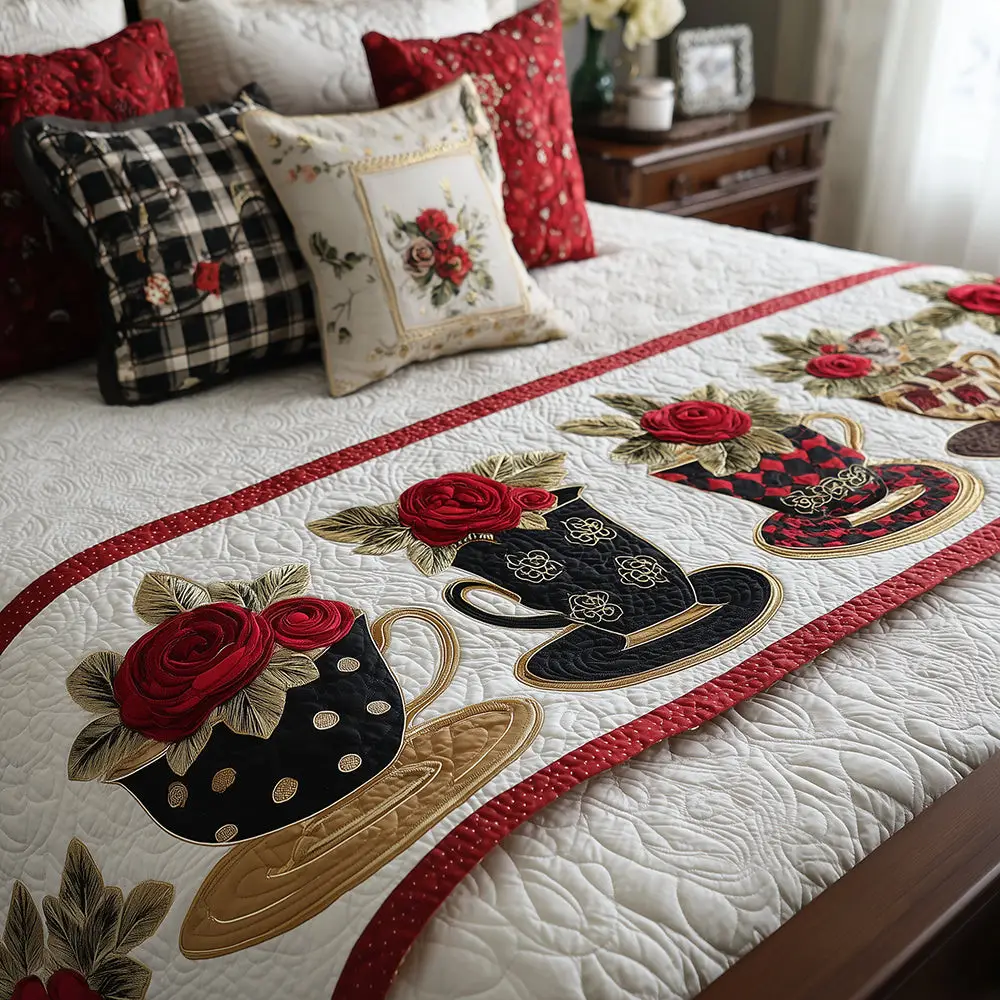Scarlet Infusion Quilted Bed Runner Scarlet Infusion Teacup Floral Gift
