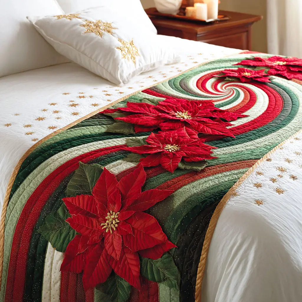 Scarlet Poinsettia Quilted Bed Runner Scarlet Poinsettia Bloom Christmas Gift