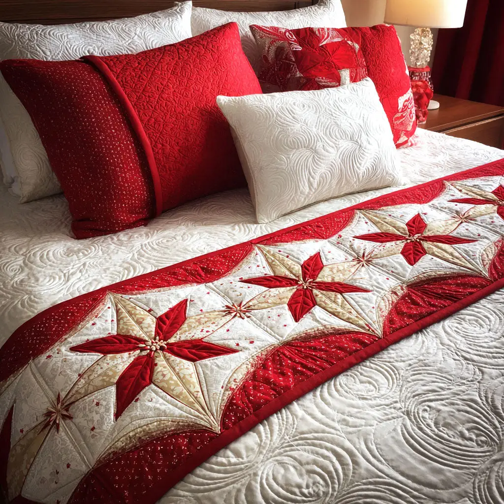 Scarlet Radiance Quilted Bed Runner Scarlet Bloom Pattern Beautiful Seasonal Gift