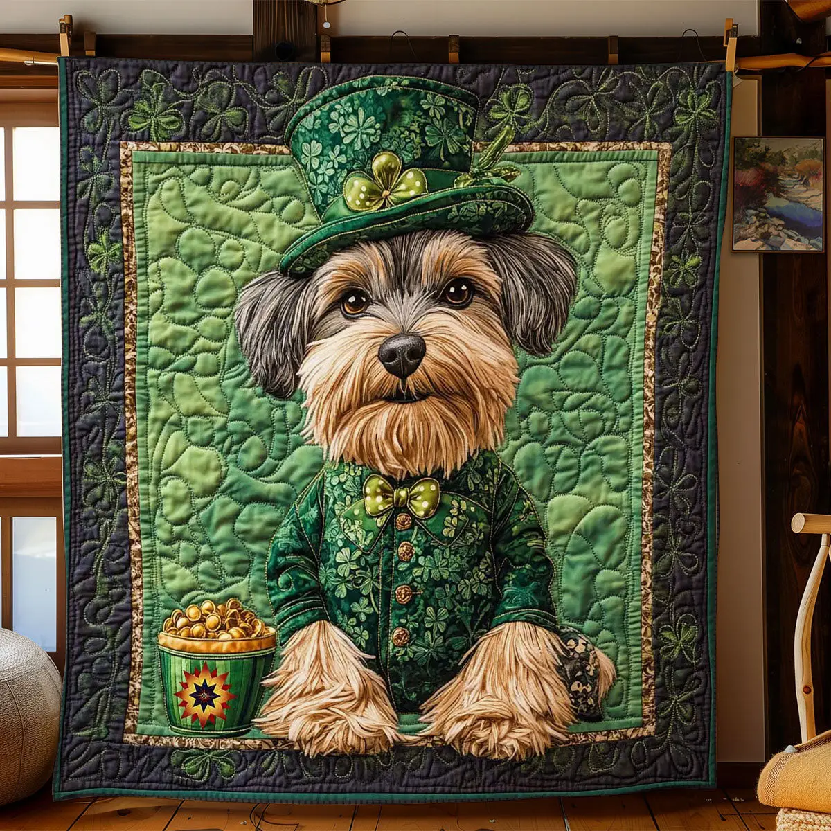 Schnauzer Shamrock Quilt Blanket Unique Throw Blanket Happy Saint Patrick's Day Gift Ideas